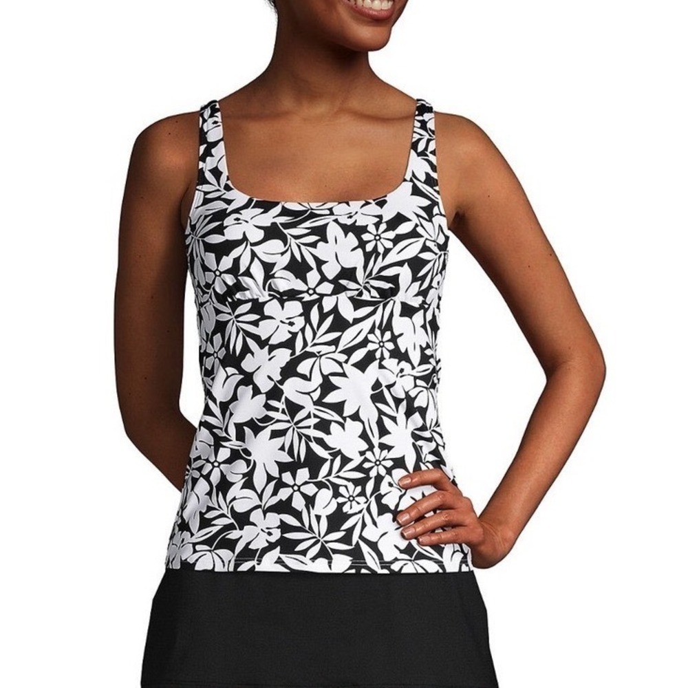Lands End Tankini Swim Top Womens 16P Black White Floral Square Neck bathingsuit